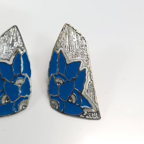 Vintage Blue Enamel Silver Geometric Earrings Bold 80s Statement Jewelry - Picture 10 of 10